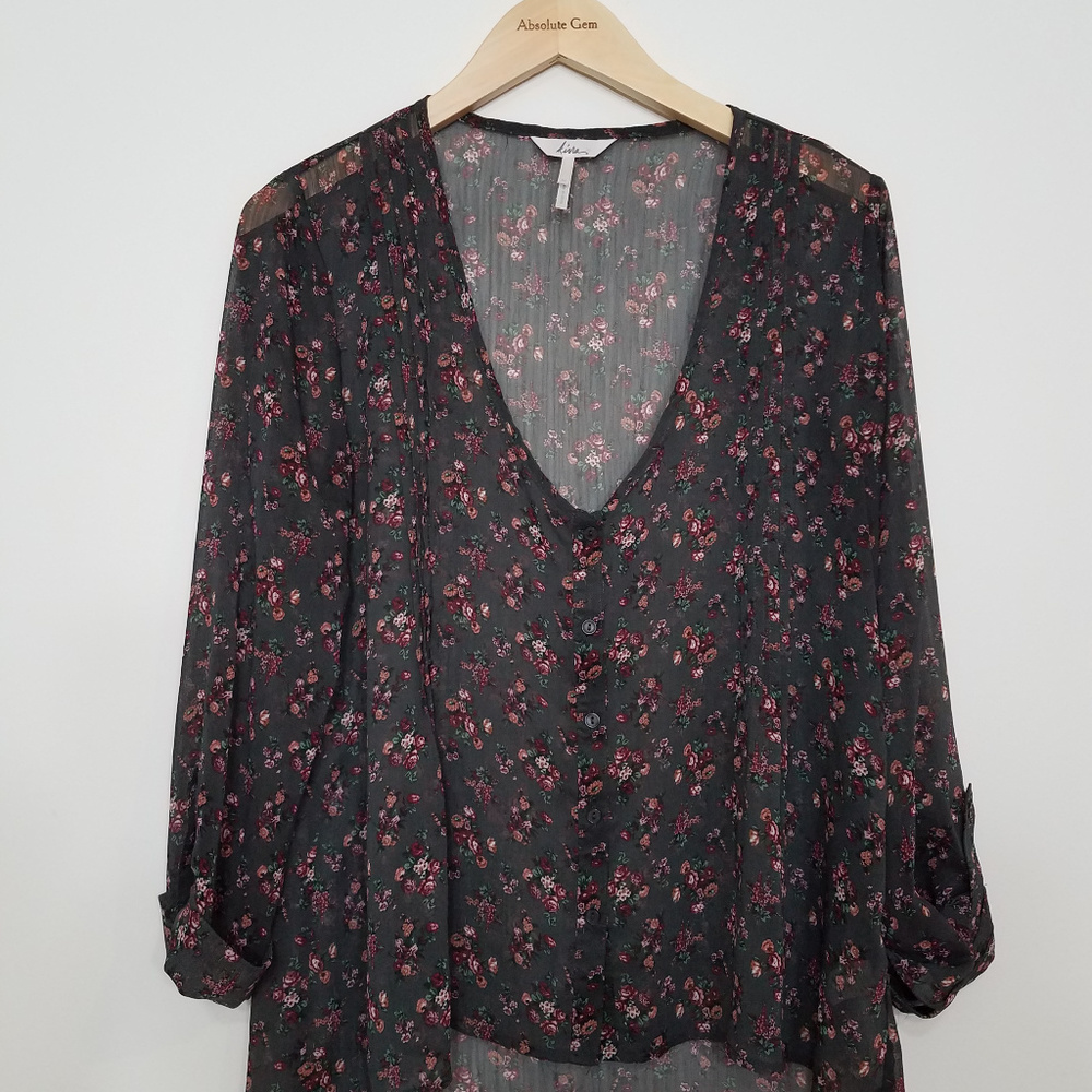 Kirra (PacSun) Floral Hi-Lo Sheer Gray pink Blouse shirt long sleeve top Medium